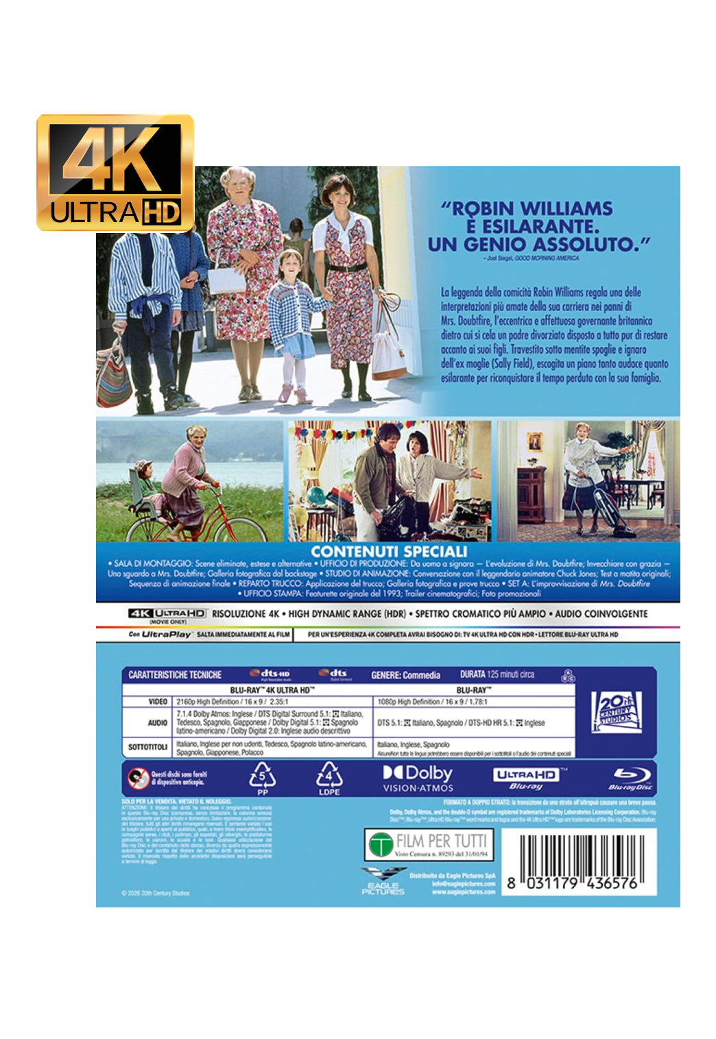 Mrs. Doubtfire - 4K Ultra HD + Reg B Blu-Ray - Italy Import with Eng audio and subtitles