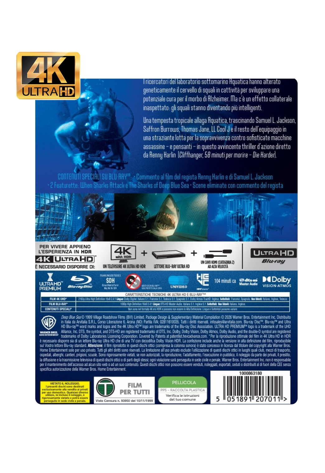 Deep Blue Sea (4K UHD + Reg B Blu-Ray) Steelbook - Italy Import with English/French audio