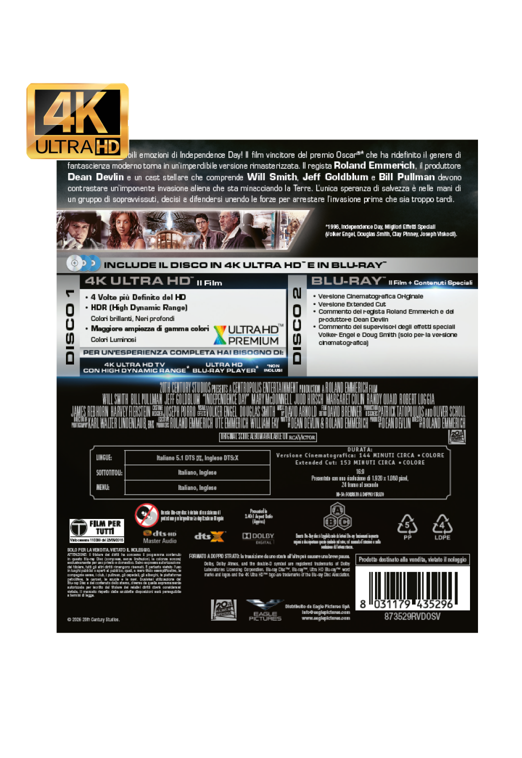 Independence Day (4K UHD + Reg B Blu-Ray) - Italy Import with Eng audio and subtitles