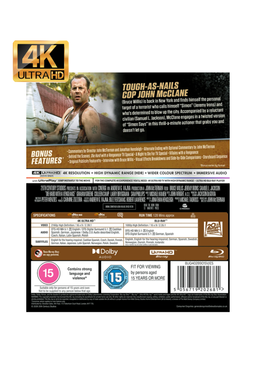 Die Hard 3 - Die Hard With A Vengeance 4K UHD + Blu-ray [Region Free] - UK Import